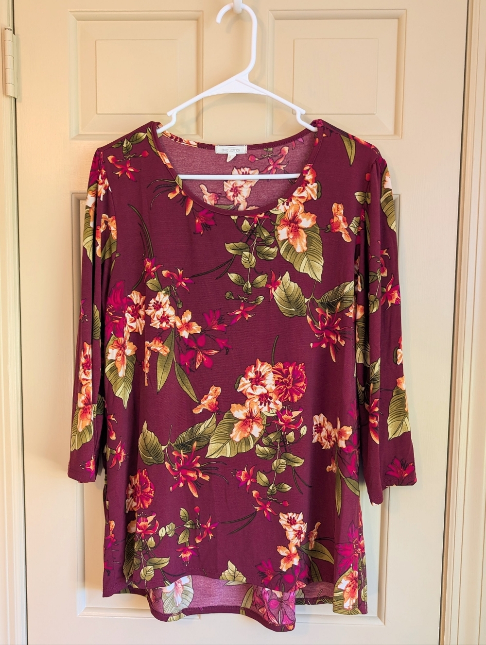Ava James Women’s Burgundy Floral Blouse 3/4 Sleeve Stretch Top Size L
